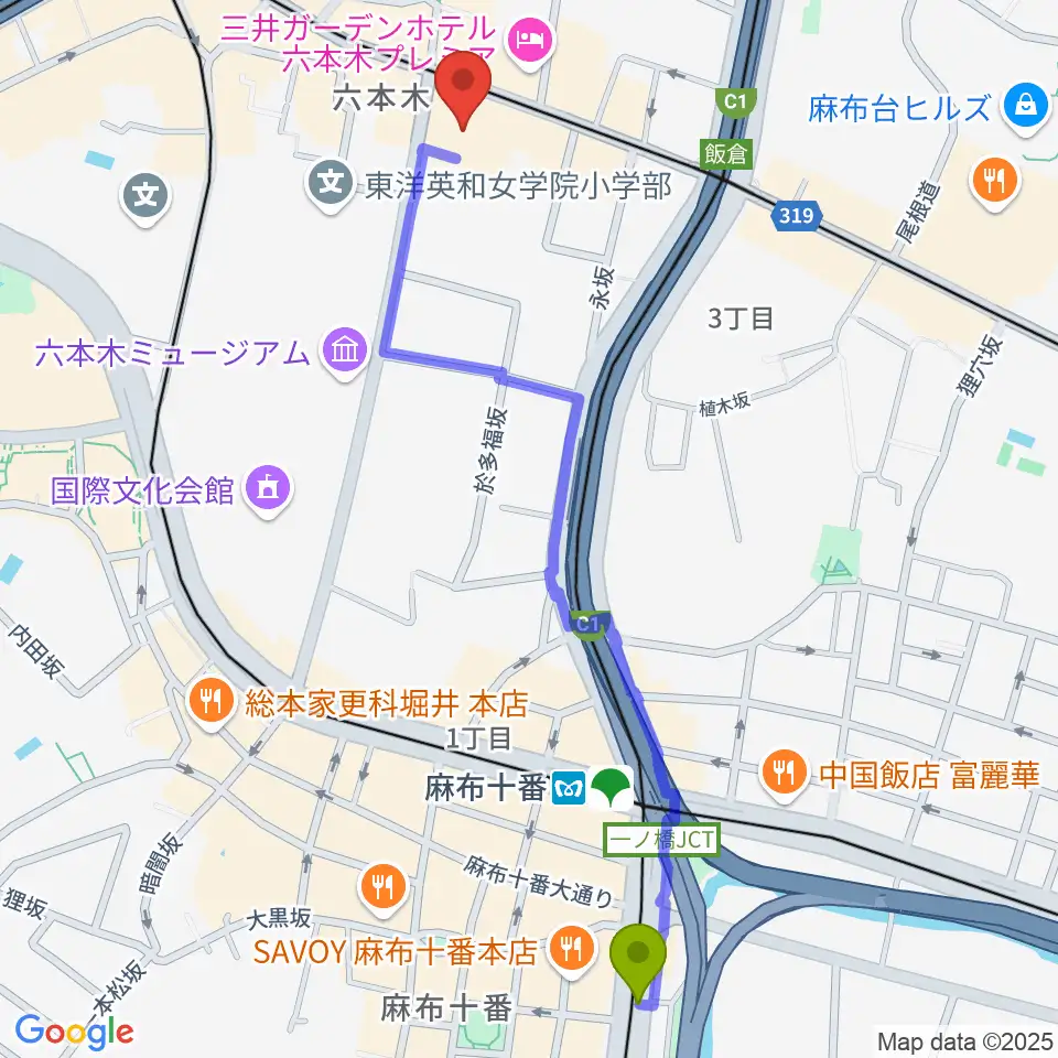 麻布十番駅から六本木BUZZへのルートマップ地図