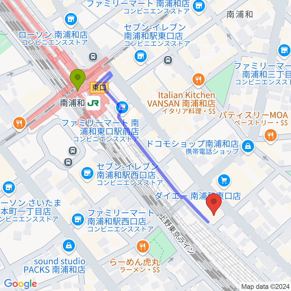 ミリオン楽器 南浦和店の最寄駅南浦和駅からの徒歩ルート（約5分）地図