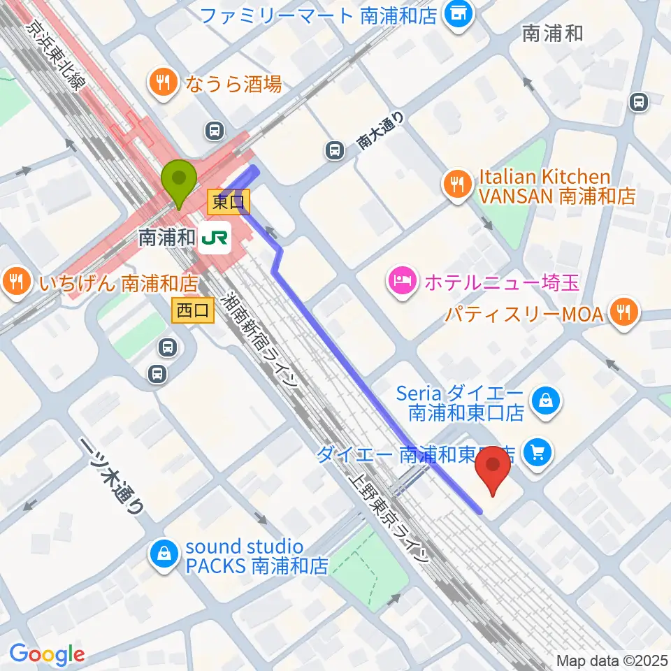ミリオン楽器 南浦和店の最寄駅南浦和駅からの徒歩ルート（約5分）地図