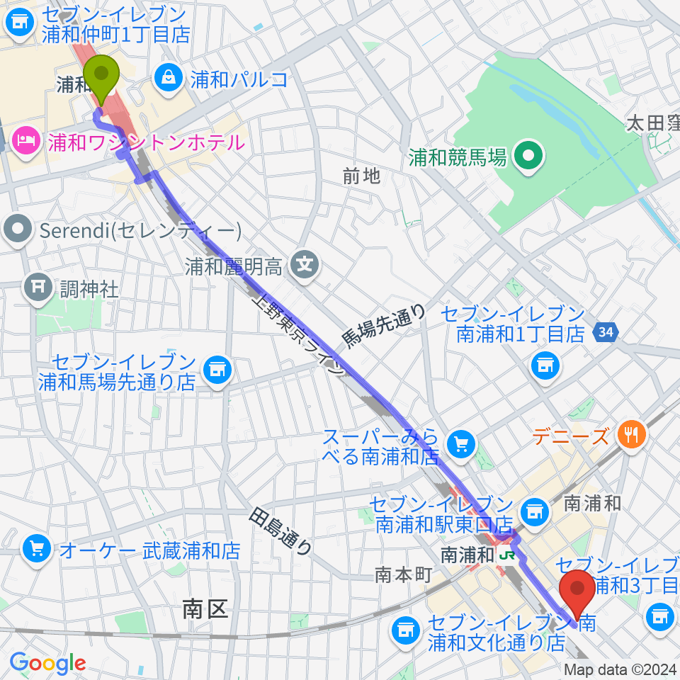 浦和駅からミリオン楽器 南浦和店へのルートマップ地図