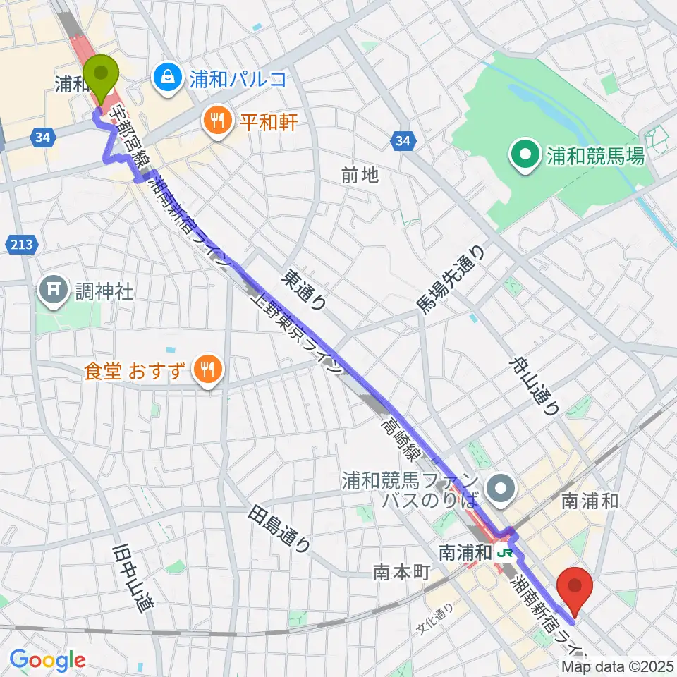 浦和駅からミリオン楽器 南浦和店へのルートマップ地図