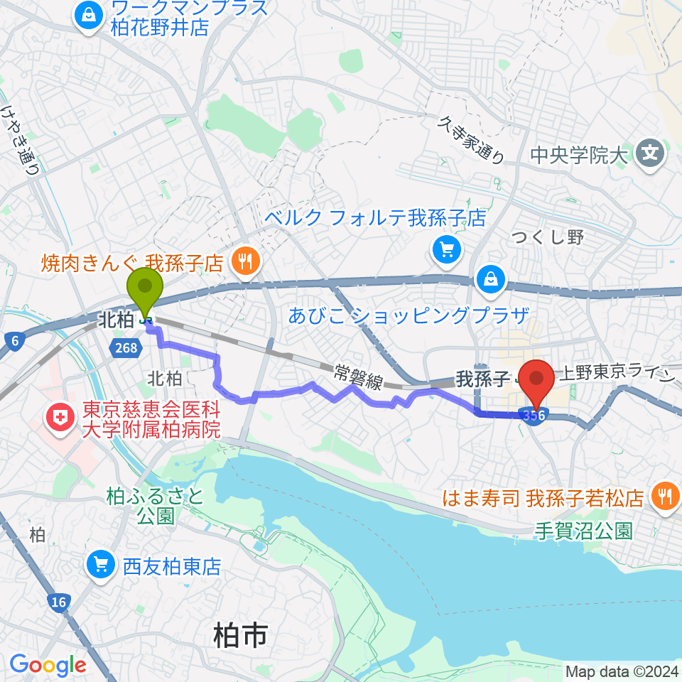 北柏駅からミリオン楽器 我孫子センターへのルートマップ地図