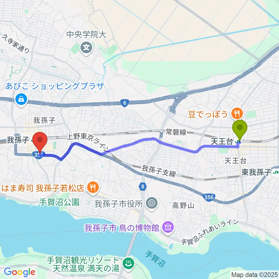 天王台駅からミリオン楽器 我孫子センターへのルートマップ地図