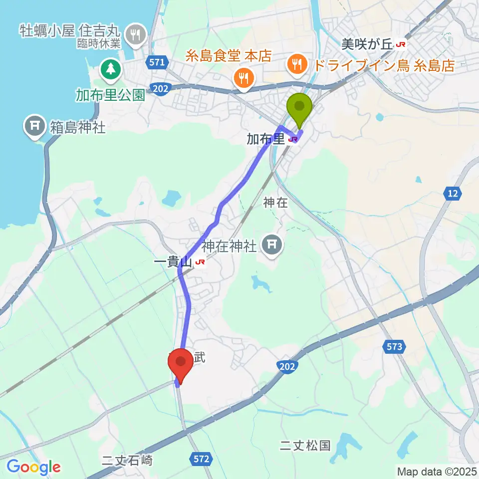 加布里駅から糸島Greenchordへのルートマップ地図