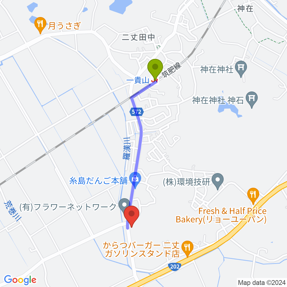 糸島Greenchordの最寄駅一貴山駅からの徒歩ルート（約16分）地図