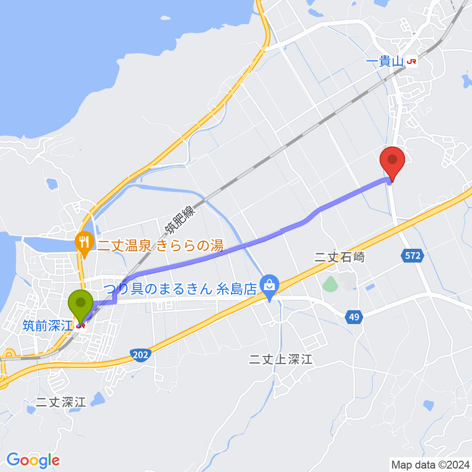 筑前深江駅から糸島Greenchordへのルートマップ地図