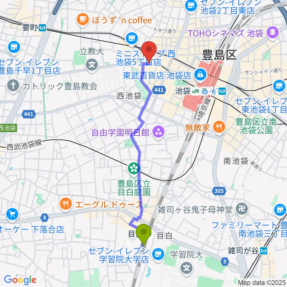 目白駅から池袋サニースポットへのルートマップ地図