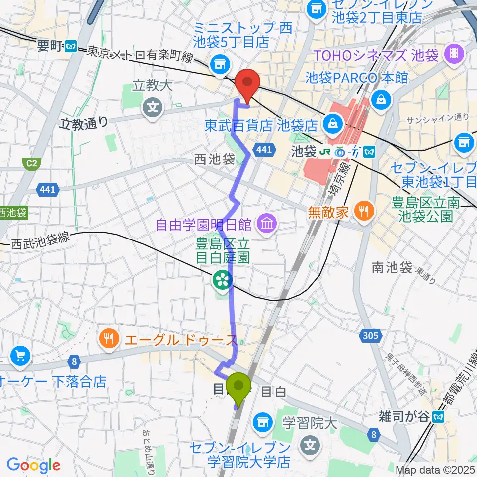 目白駅から池袋サニースポットへのルートマップ地図