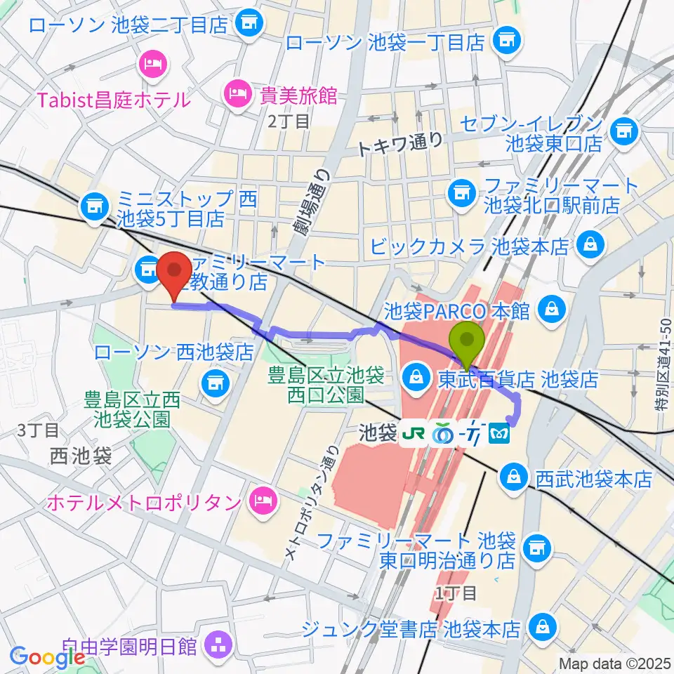 池袋サニースポットの最寄駅池袋駅からの徒歩ルート（約7分）地図