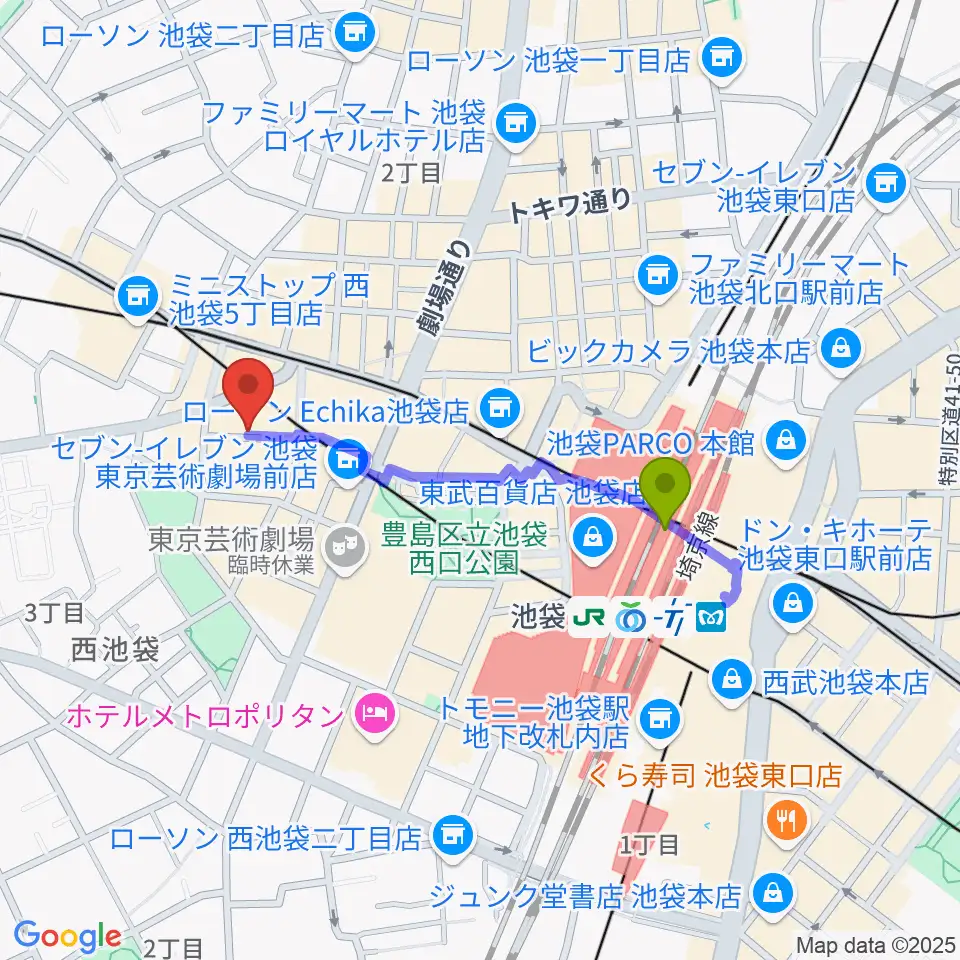 池袋サニースポットの最寄駅池袋駅からの徒歩ルート（約7分）地図