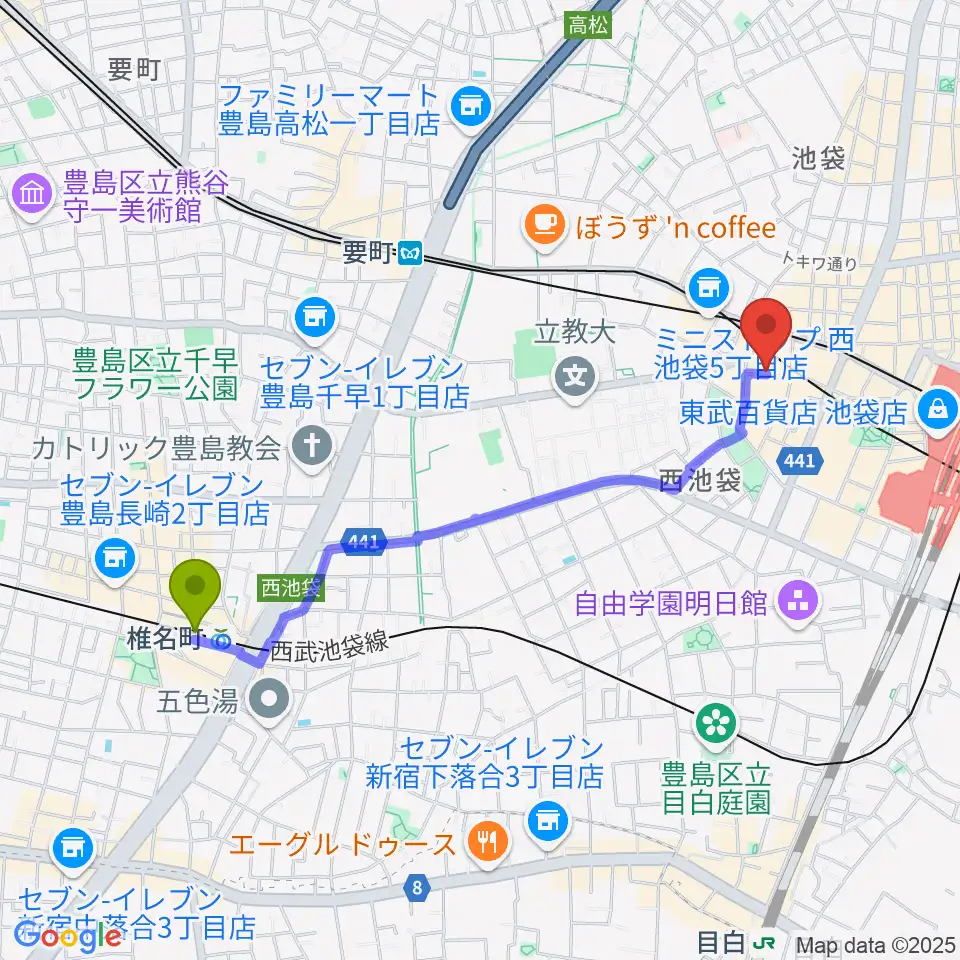 椎名町駅から池袋サニースポットへのルートマップ地図