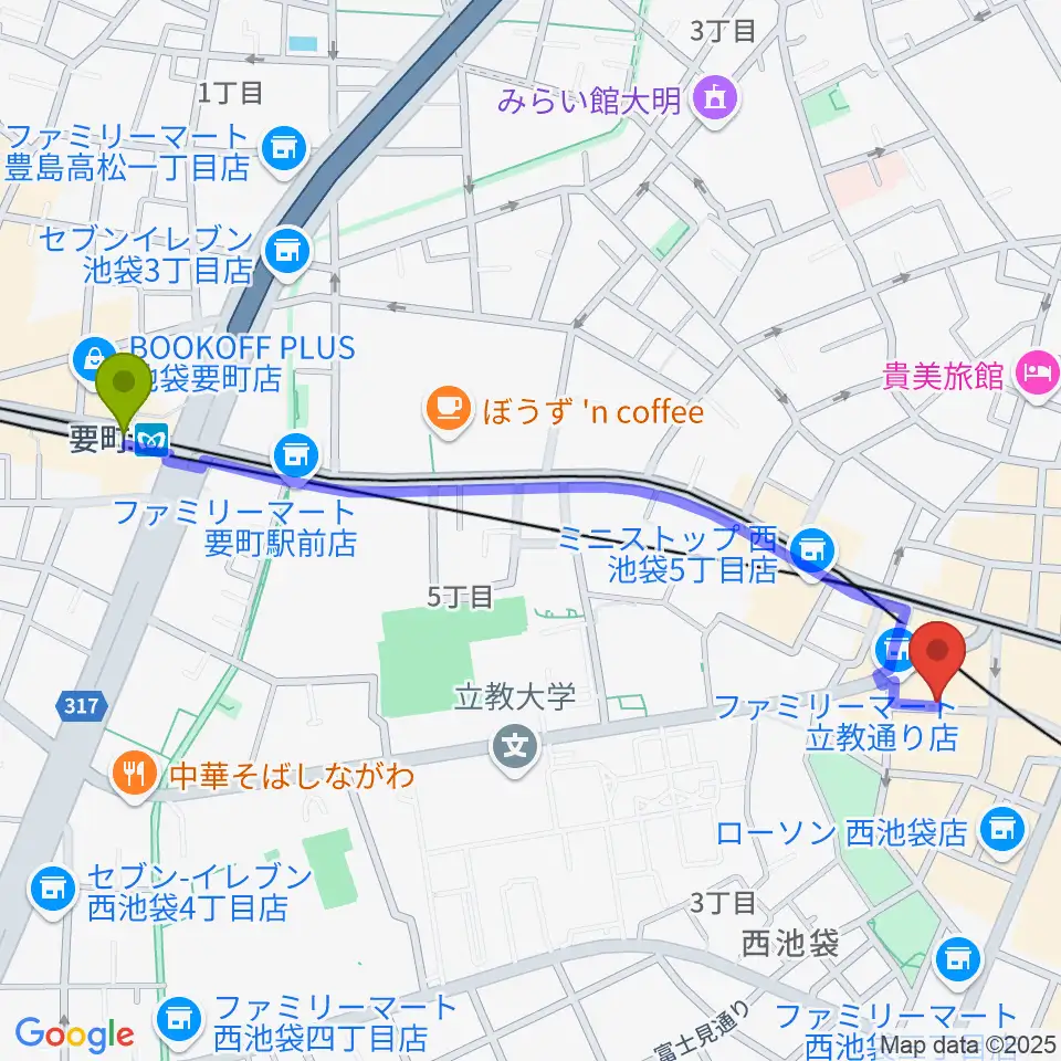 要町駅から池袋サニースポットへのルートマップ地図