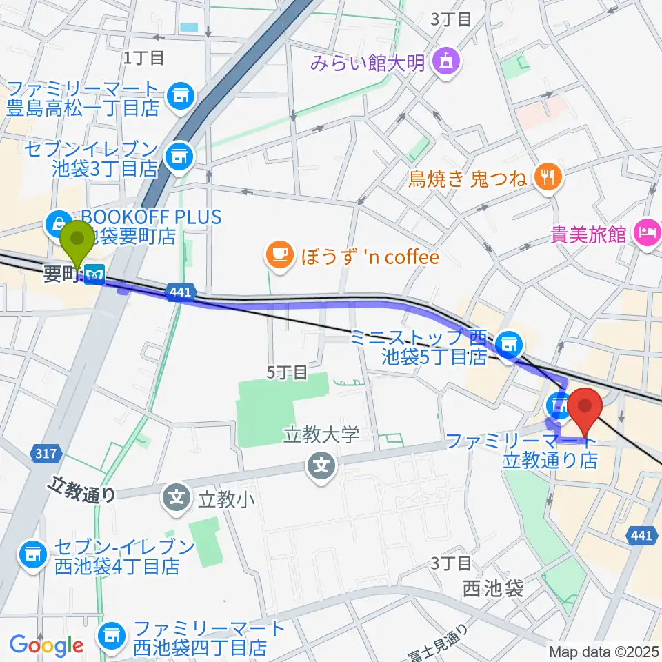 要町駅から池袋サニースポットへのルートマップ地図