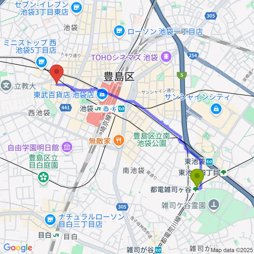 都電雑司ヶ谷駅から池袋サニースポットへのルートマップ地図