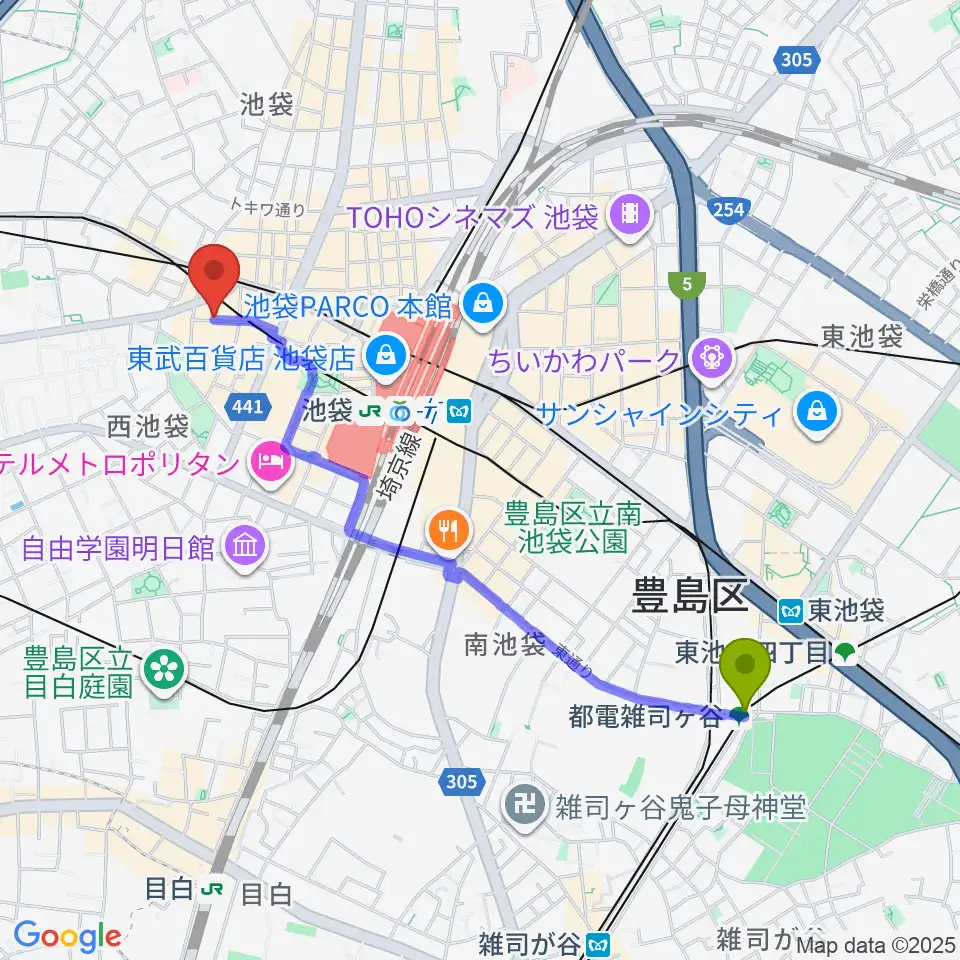 都電雑司ヶ谷駅から池袋サニースポットへのルートマップ地図