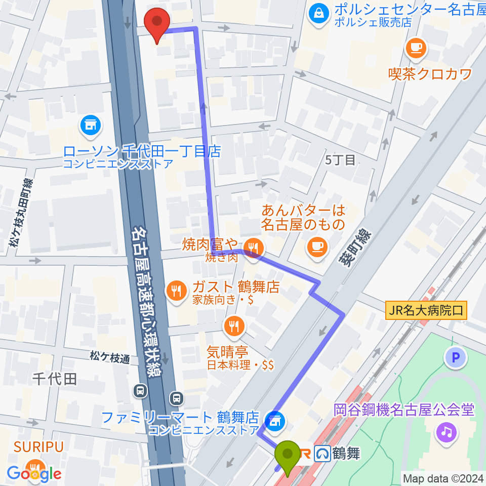 島村楽器 名古屋ギター&リペア店の最寄駅鶴舞駅からの徒歩ルート（約7分）地図