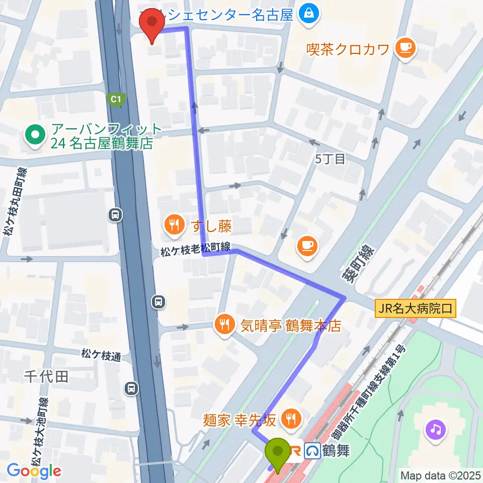島村楽器 名古屋ギター&リペア店の最寄駅鶴舞駅からの徒歩ルート（約7分）地図