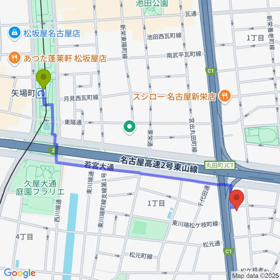 矢場町駅から島村楽器 名古屋ギター&リペア店へのルートマップ地図
