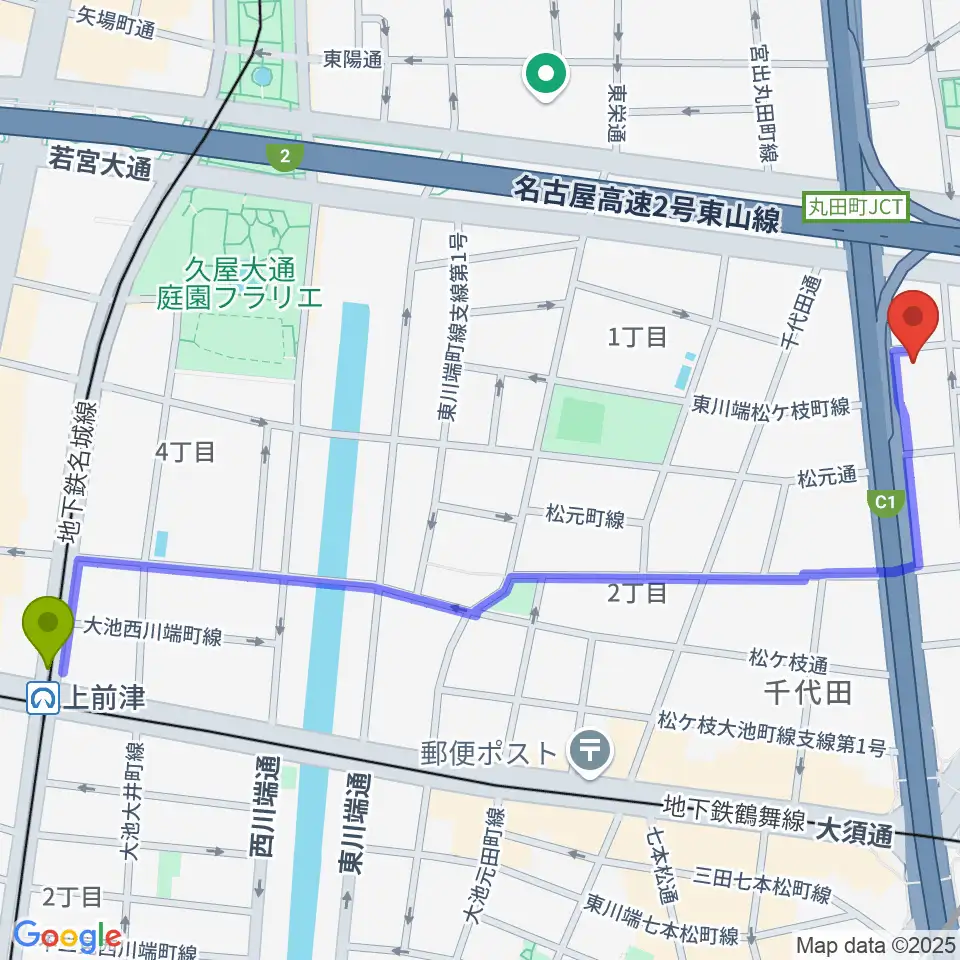 上前津駅から島村楽器 名古屋ギター&リペア店へのルートマップ地図