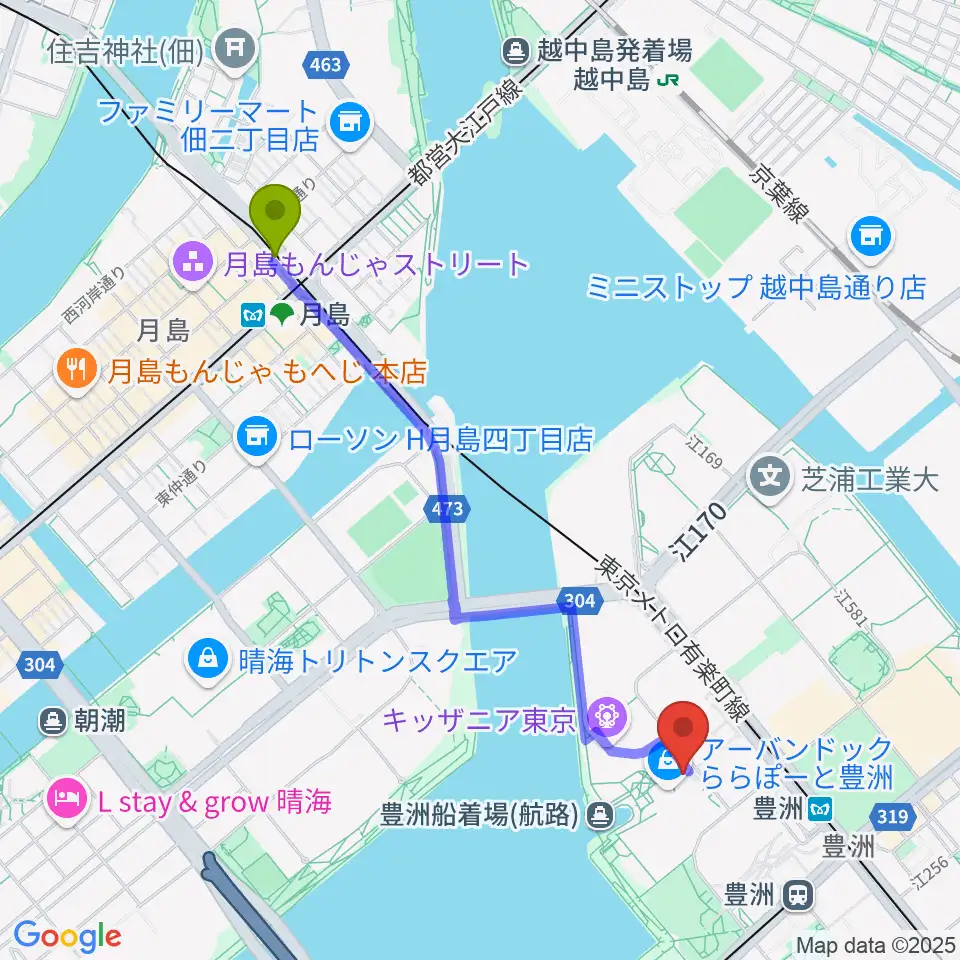 月島駅から島村楽器ららぽーと豊洲店へのルートマップ地図