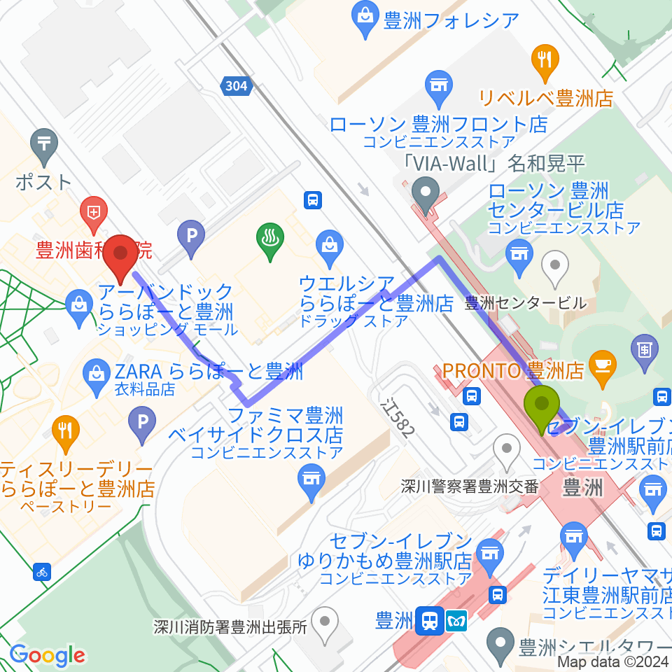島村楽器ららぽーと豊洲店の最寄駅豊洲駅からの徒歩ルート（約5分）地図