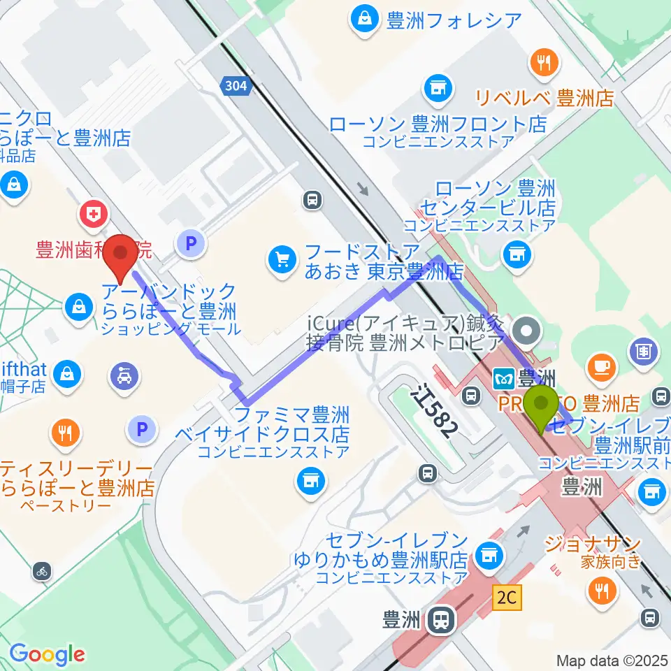 島村楽器ららぽーと豊洲店の最寄駅豊洲駅からの徒歩ルート（約5分）地図
