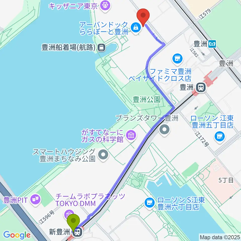 新豊洲駅から島村楽器ららぽーと豊洲店へのルートマップ地図