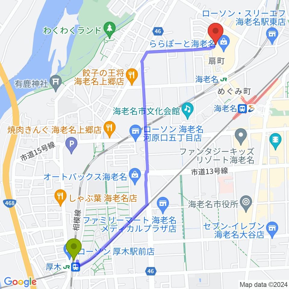 厚木駅から島村楽器ららぽーと海老名店へのルートマップ地図