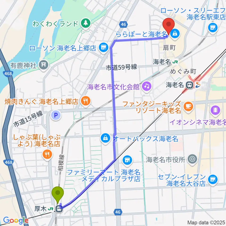 厚木駅から島村楽器ららぽーと海老名店へのルートマップ地図