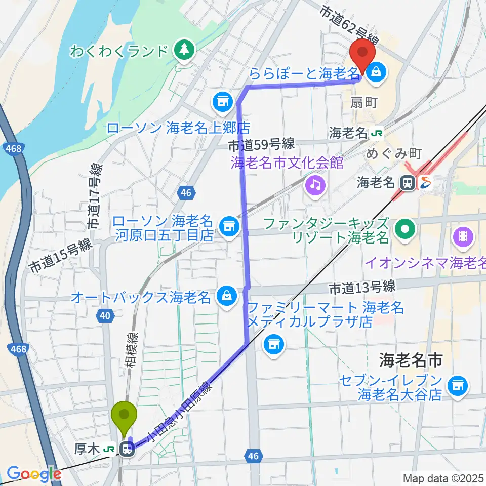 厚木駅から島村楽器ららぽーと海老名店へのルートマップ地図