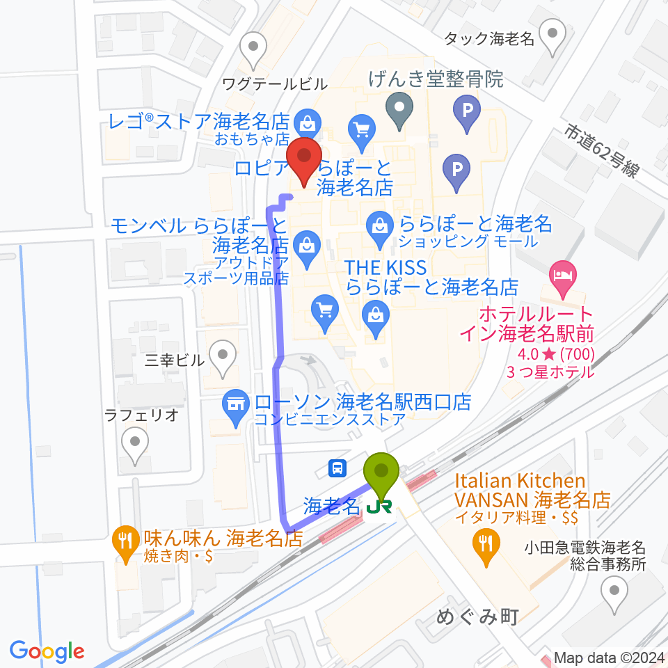 島村楽器ららぽーと海老名店の最寄駅海老名駅からの徒歩ルート（約4分）地図