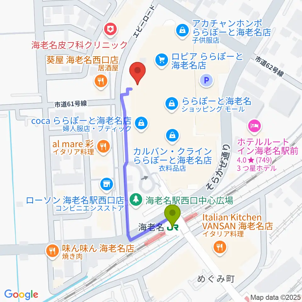 島村楽器ららぽーと海老名店の最寄駅海老名駅からの徒歩ルート（約4分）地図