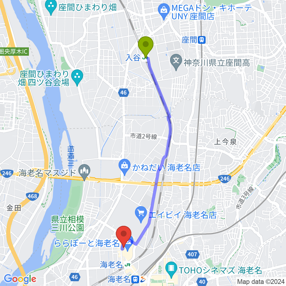 入谷駅から島村楽器ららぽーと海老名店へのルートマップ地図