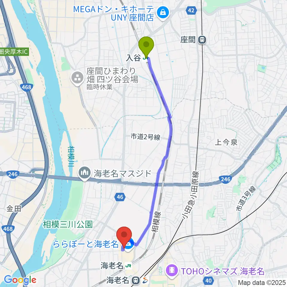入谷駅から島村楽器ららぽーと海老名店へのルートマップ地図