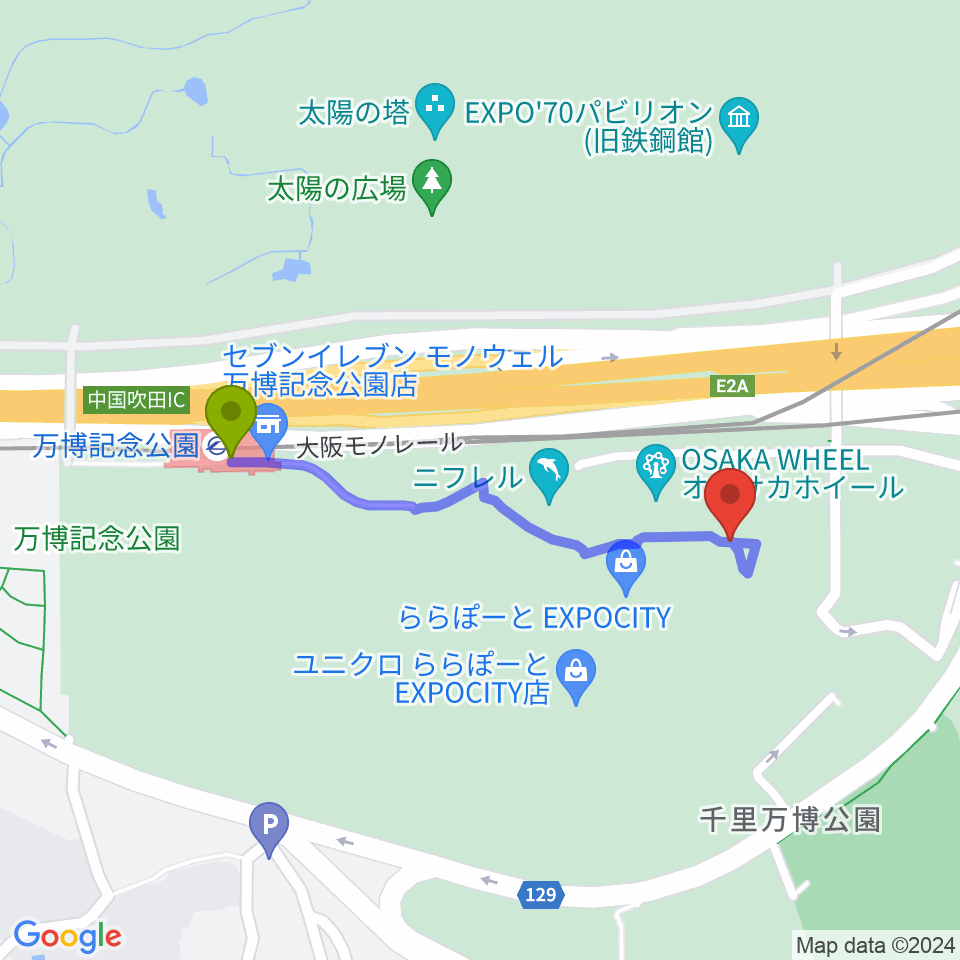 島村楽器ららぽーとEXPOCITY店の最寄駅万博記念公園駅からの徒歩ルート（約8分）地図