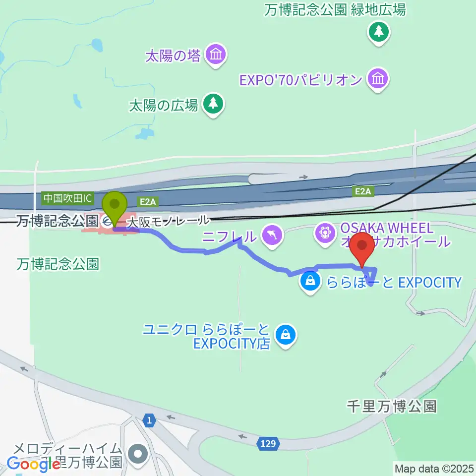 島村楽器ららぽーとEXPOCITY店の最寄駅万博記念公園駅からの徒歩ルート（約8分）地図