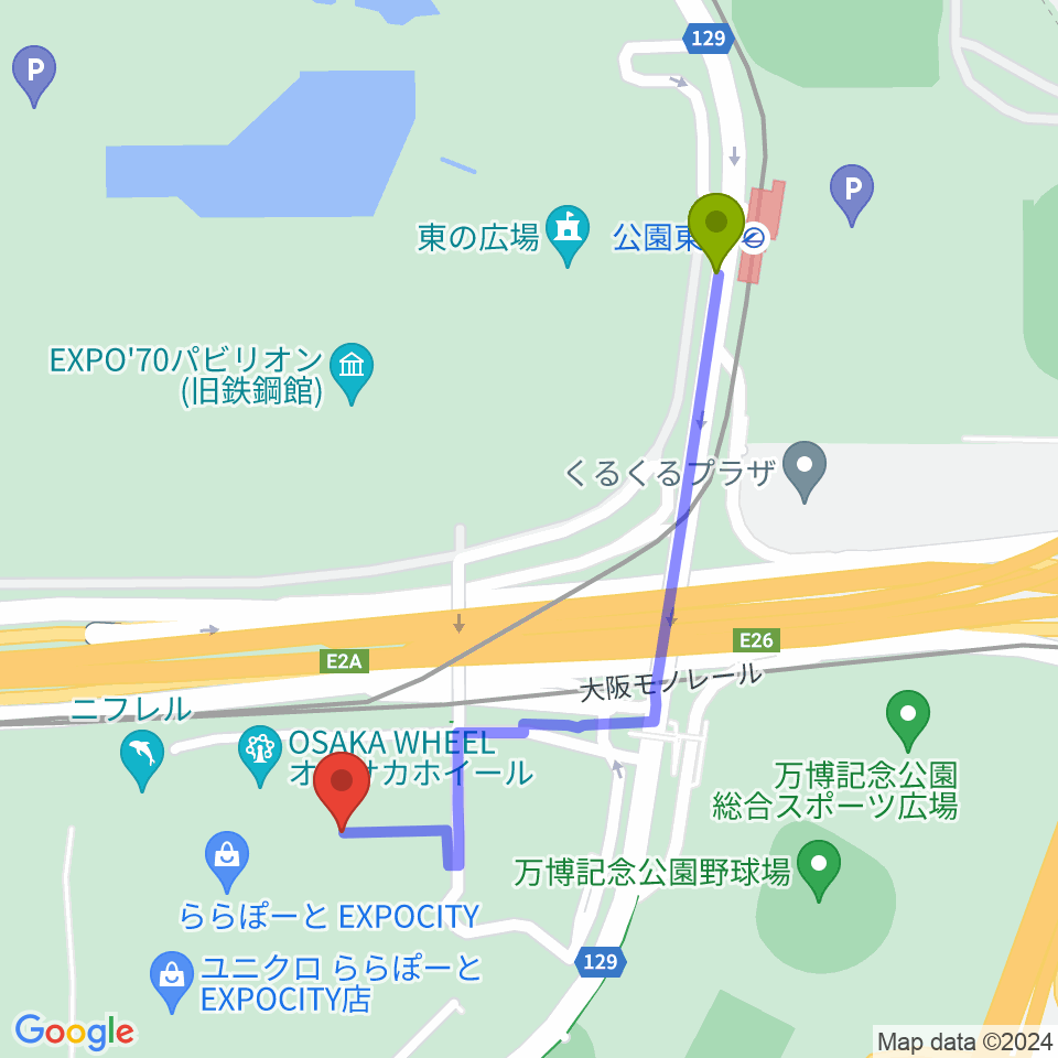 公園東口駅から島村楽器ららぽーとEXPOCITY店へのルートマップ地図