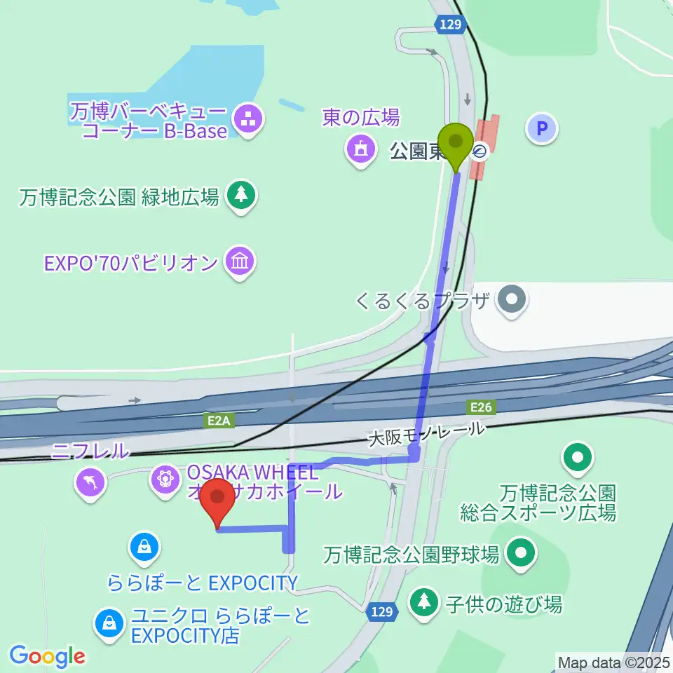 公園東口駅から島村楽器ららぽーとEXPOCITY店へのルートマップ地図