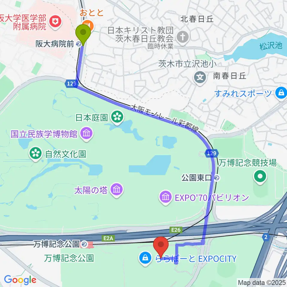 阪大病院前駅から島村楽器ららぽーとEXPOCITY店へのルートマップ地図