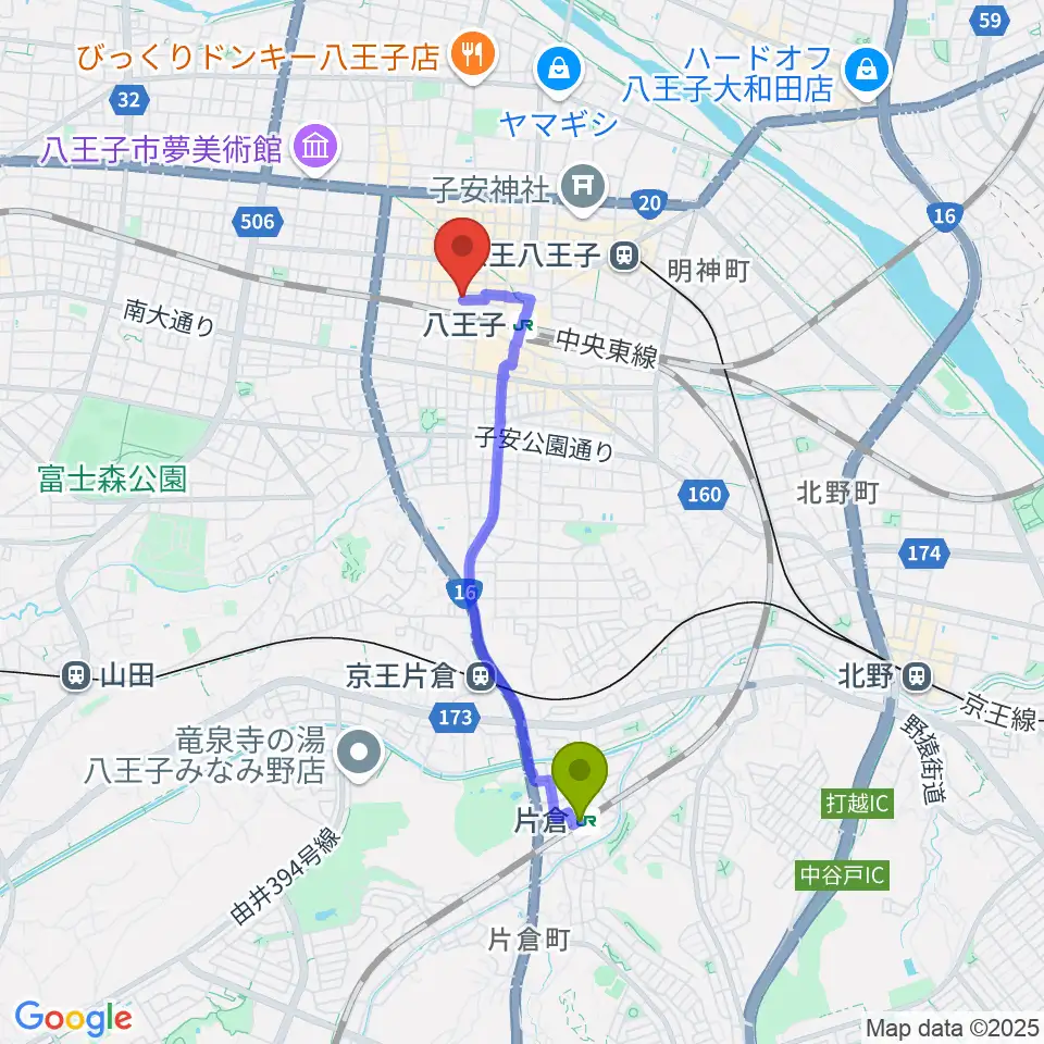 片倉駅から八王子ぐるままへのルートマップ地図