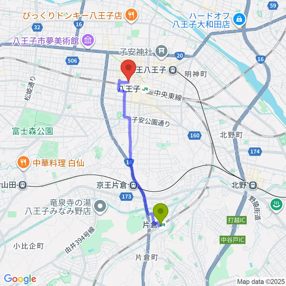 片倉駅から八王子ぐるままへのルートマップ地図