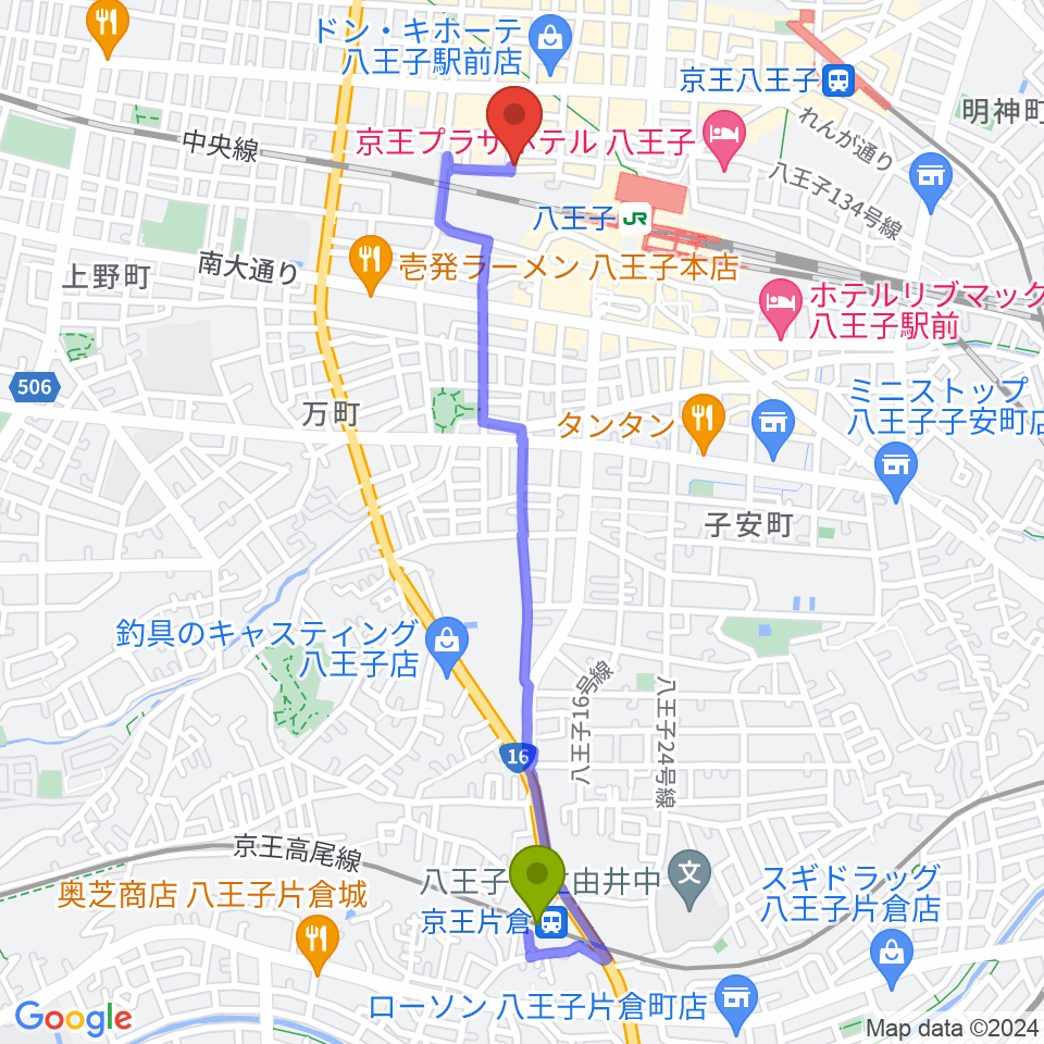 京王片倉駅から八王子ぐるままへのルートマップ地図