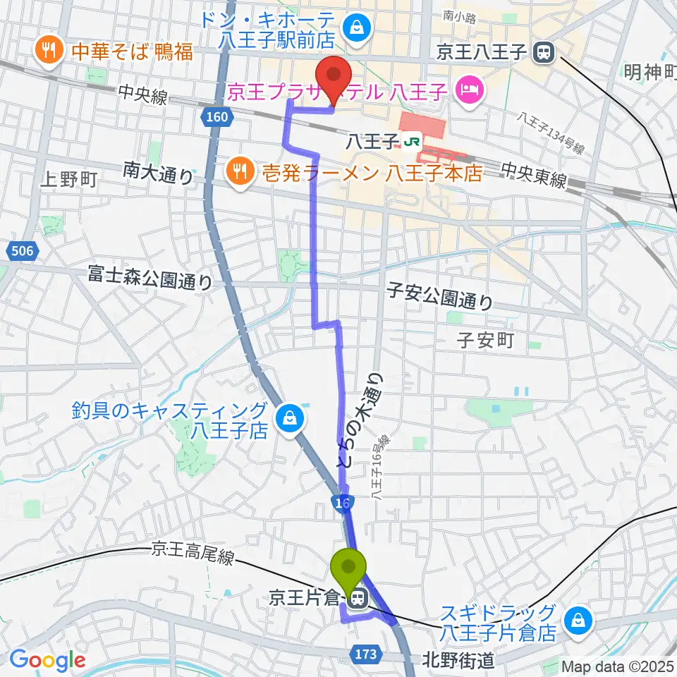 京王片倉駅から八王子ぐるままへのルートマップ地図