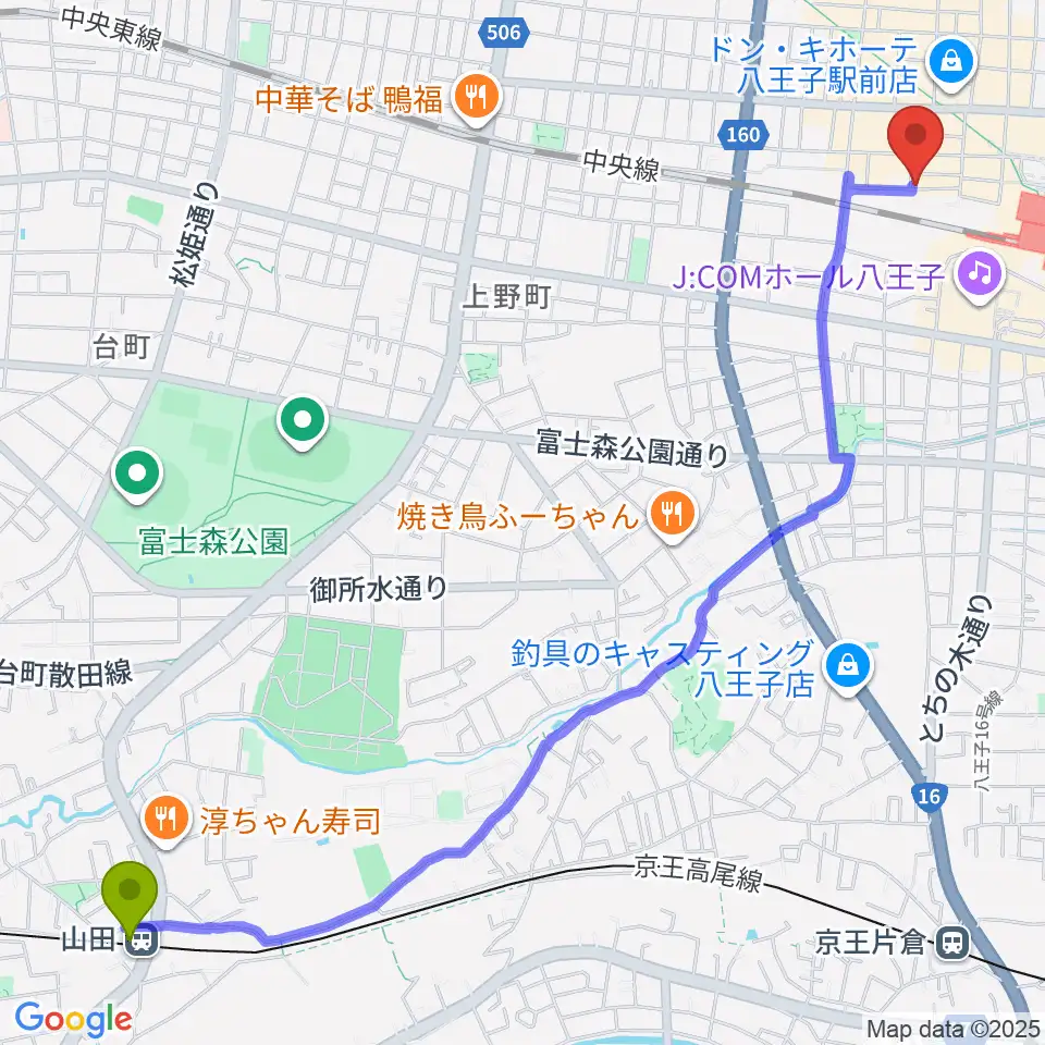 山田駅から八王子ぐるままへのルートマップ地図
