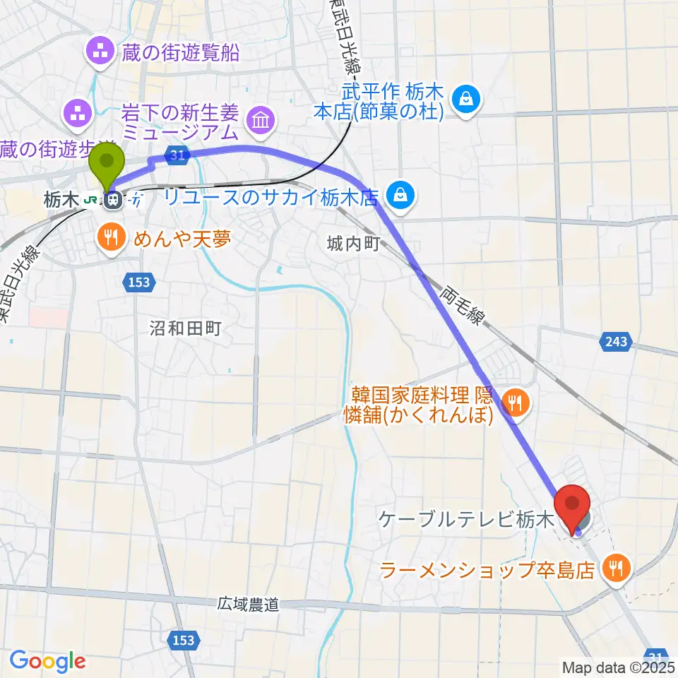 栃木駅からFMくらら857へのルートマップ地図