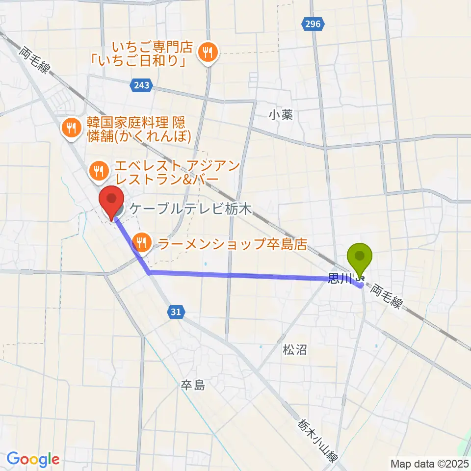 FMくらら857の最寄駅思川駅からの徒歩ルート（約33分）地図