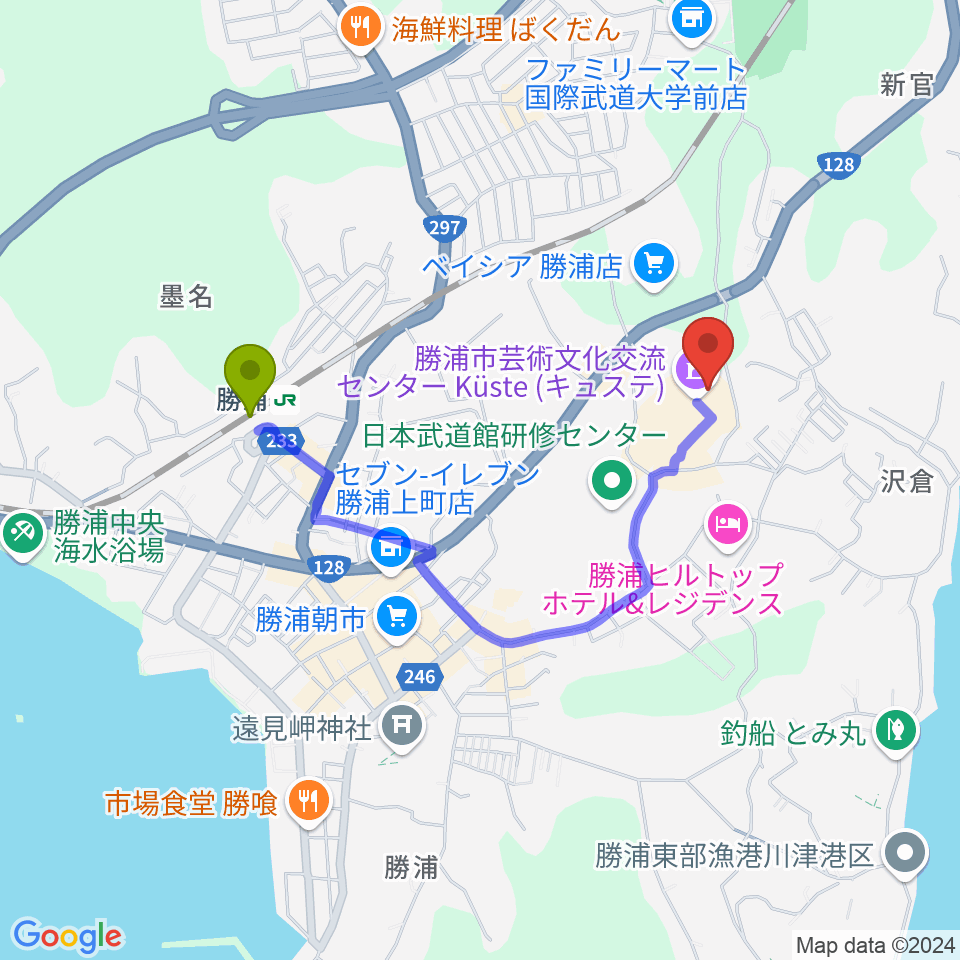 勝浦市芸術文化交流センター キュステの最寄駅勝浦駅からの徒歩ルート（約15分）地図