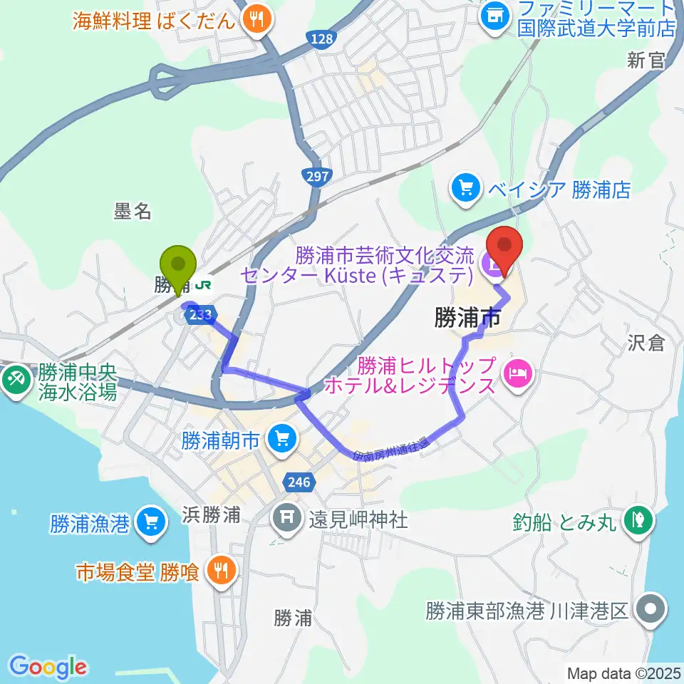 勝浦市芸術文化交流センター キュステの最寄駅勝浦駅からの徒歩ルート（約15分）地図