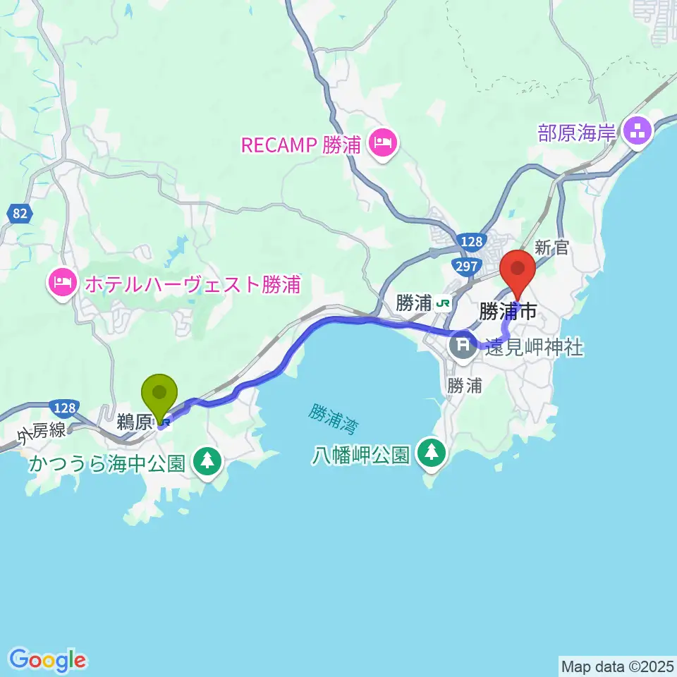 鵜原駅から勝浦市芸術文化交流センター キュステへのルートマップ地図