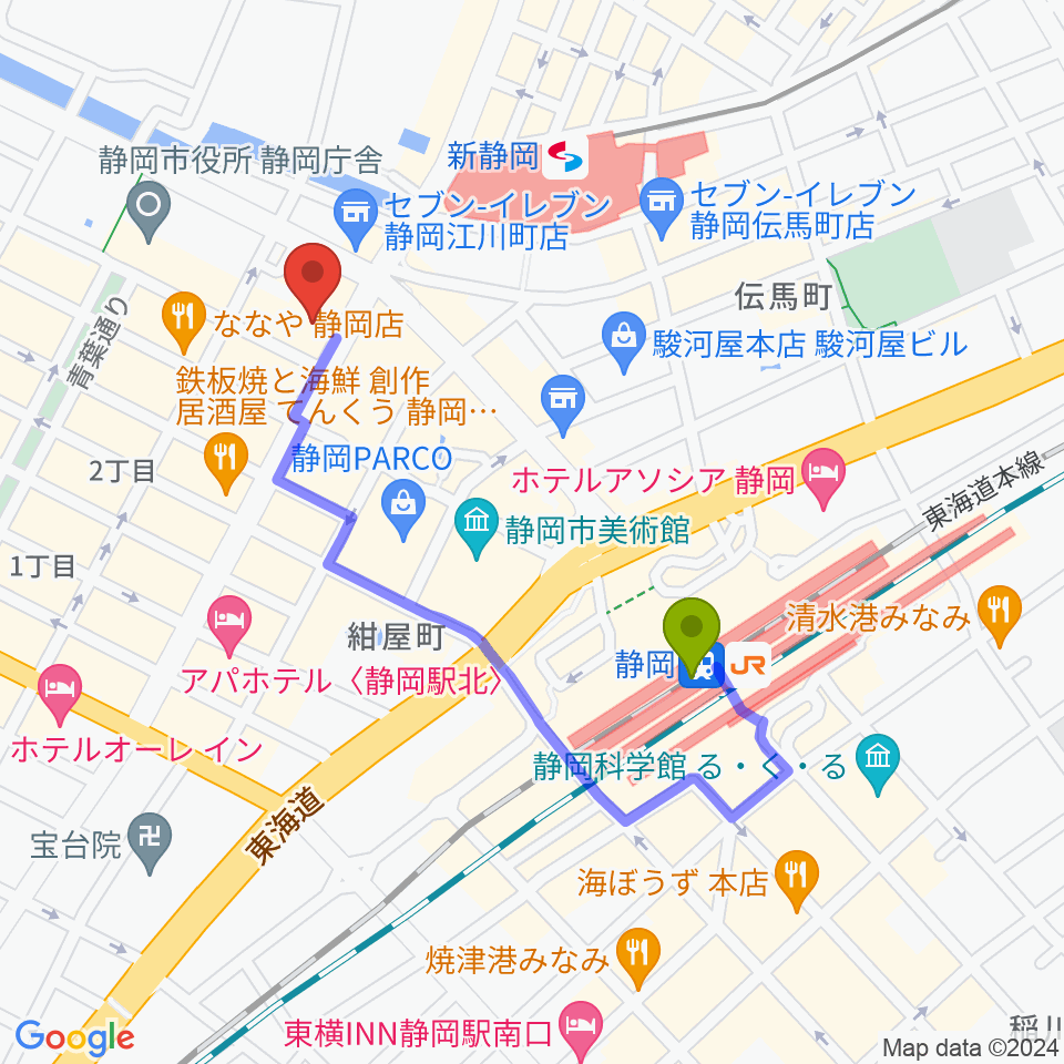 静岡駅からしずぎんホールユーフォニアへのルートマップ地図